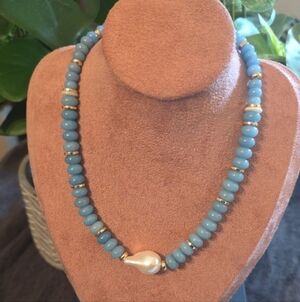 Chic Blue and Gold Beaded Necklace